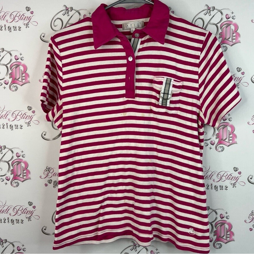 Aziz tshirt tee polo button up Women's Striped Polo Shirt in Pink and White